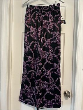 Black Wide-Leg Pants with Purple Chain Print